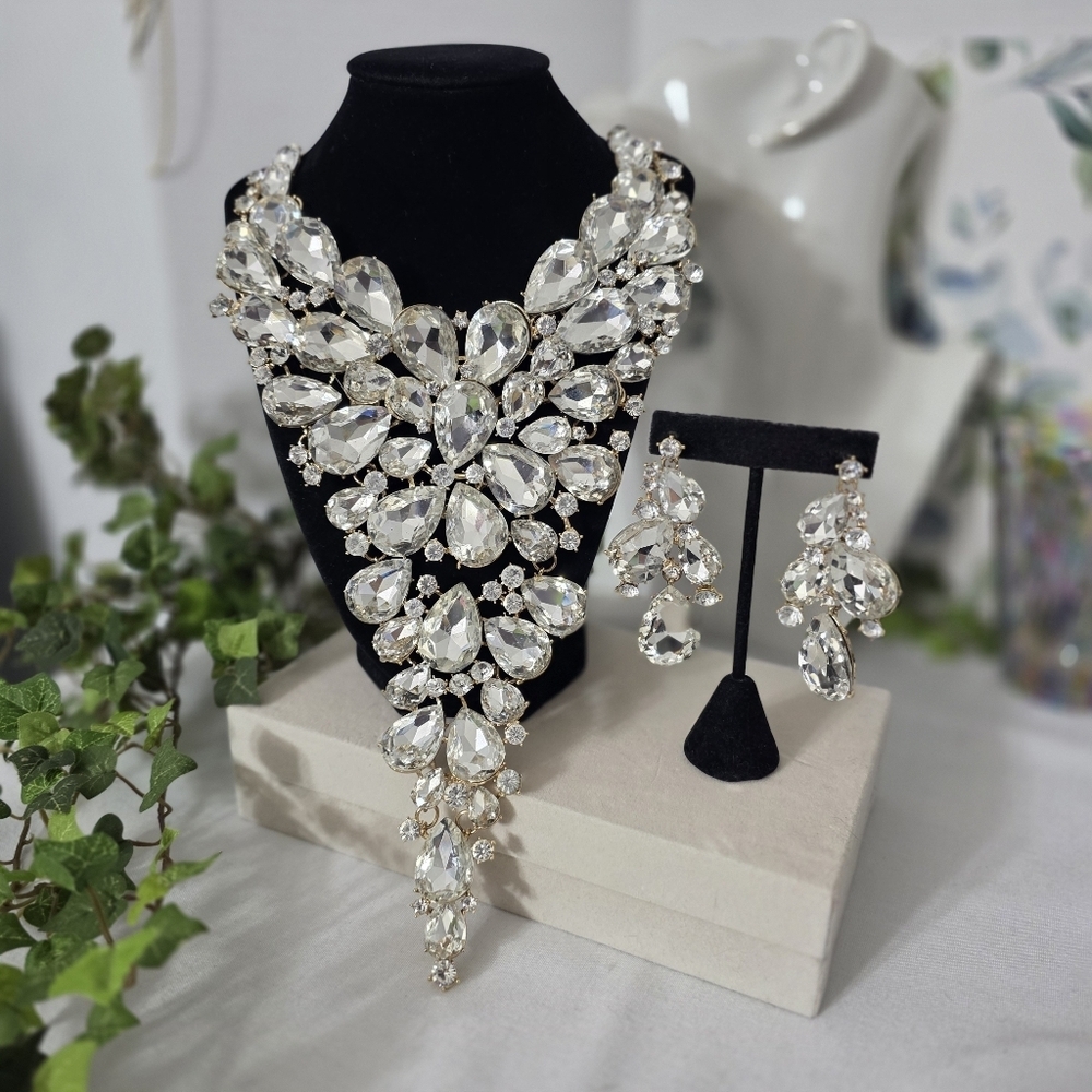 Large Bold Gold Crystal Teardrop Cluster Statement Bib Necklace and Earrings